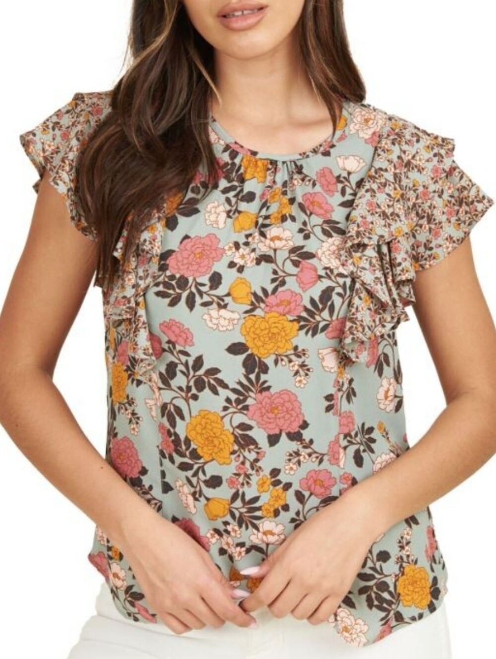 DR2 Flowy Floral Print Flutter Cap Sleeve Top New With Tags